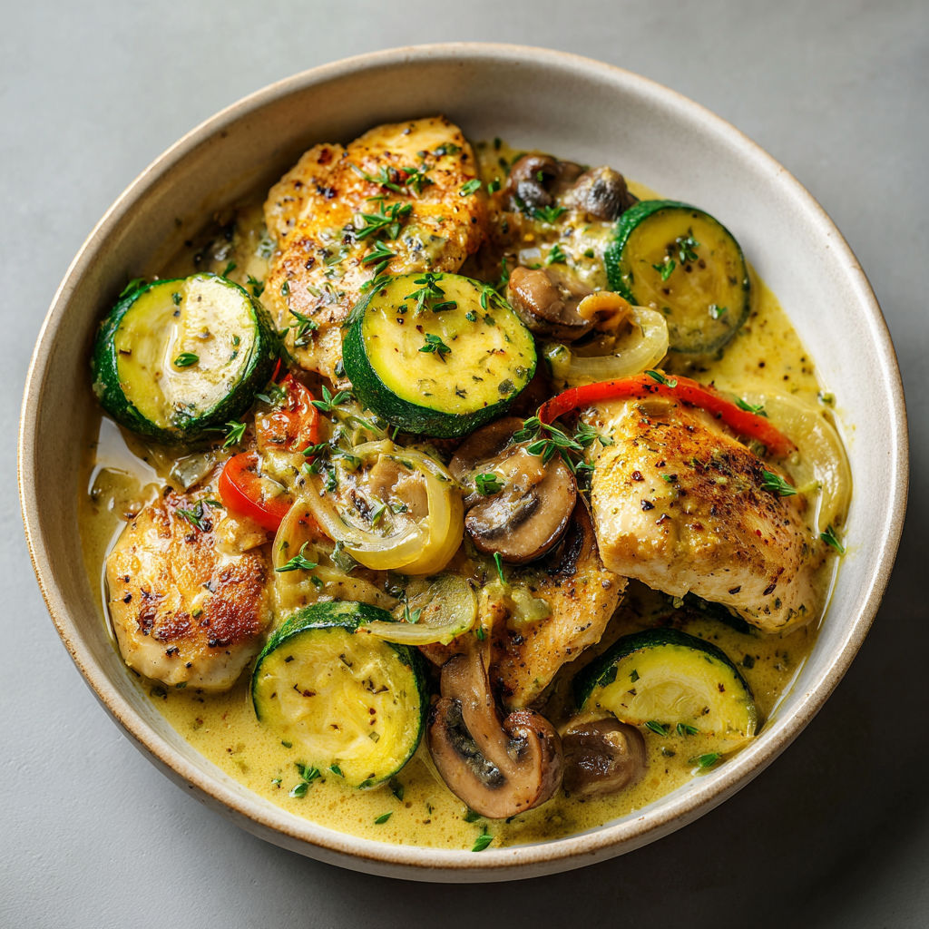 Bol rempli de courgettes, champignons et poulet sur une table.