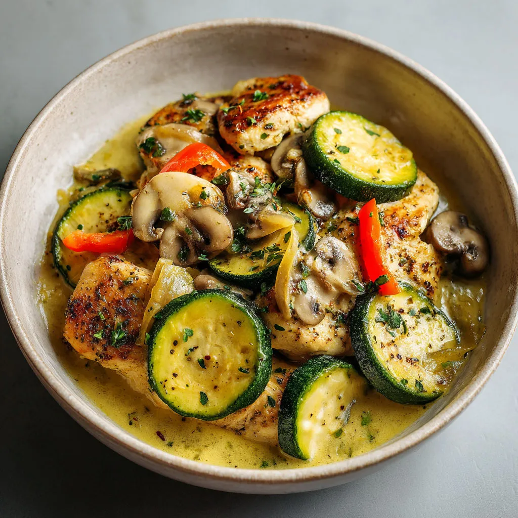 Plat mijoté courgettes champignons poulet dans un joli petit bol.