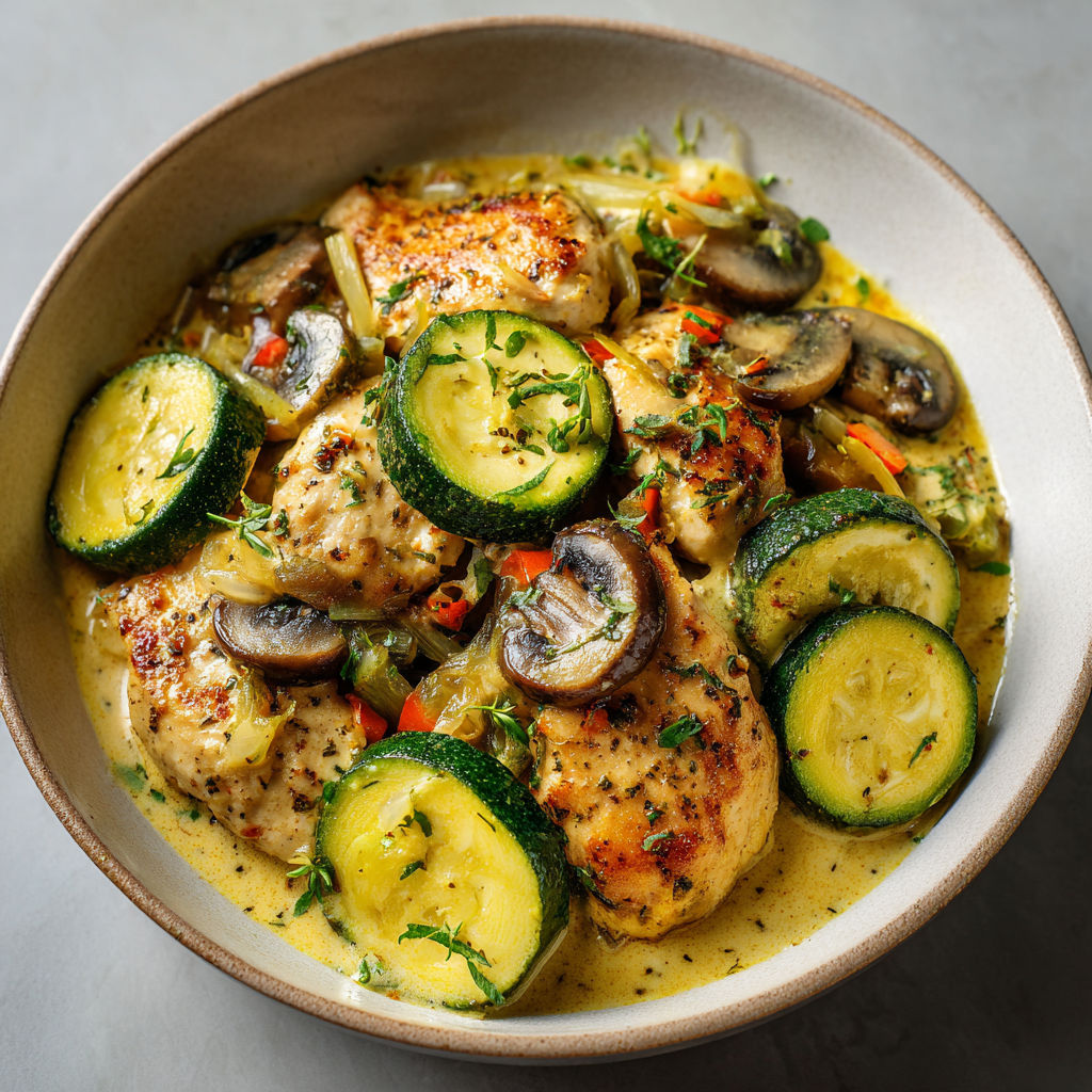 Plat mijoté courgettes champignons poulet dans un bol gourmand.