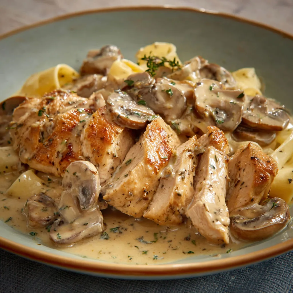 Du poulet avec des pâtes et des champignons sur une assiette.