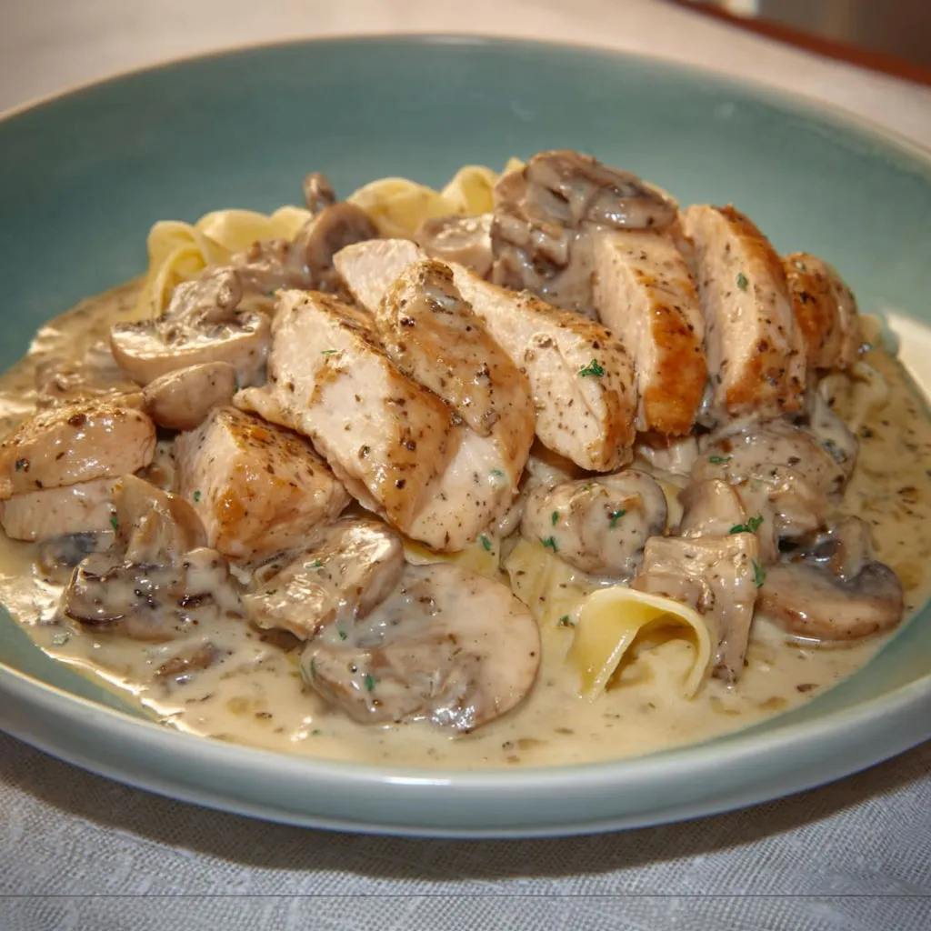 Une assiette de spaghettis avec des champignons et du poulet grillé.