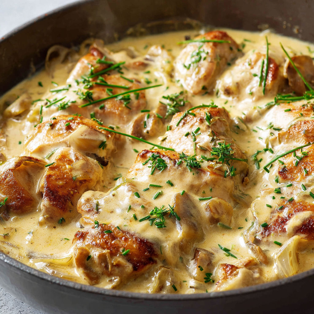 Plat de poulet mijoté avec crème et moutarde, servi joliment dans une assiette.