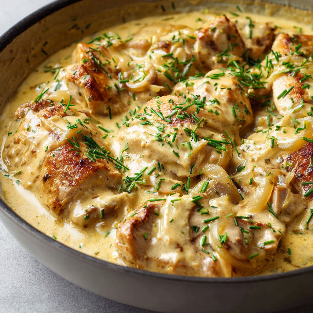 Un plat de poulet doré avec herbes et légumes en fond.