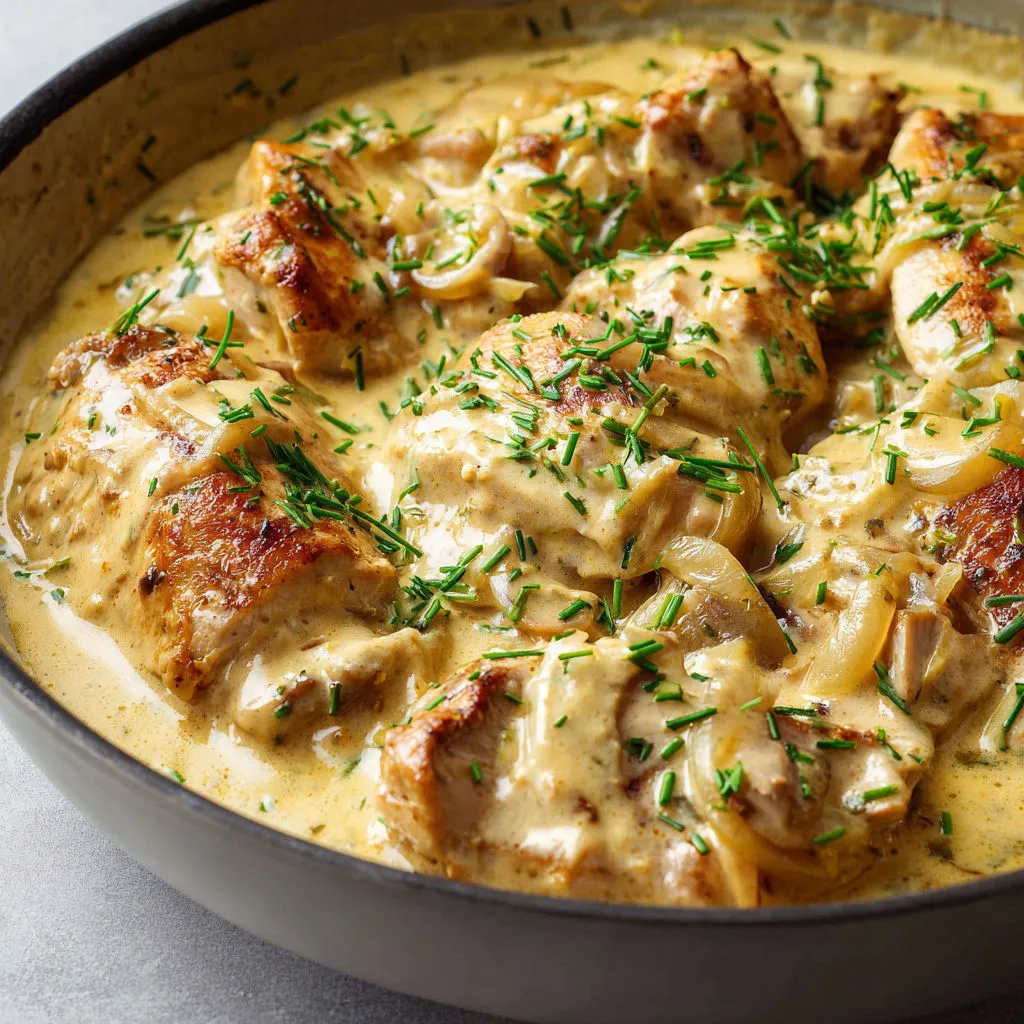 Un plat de poulet doré avec herbes et légumes en fond.