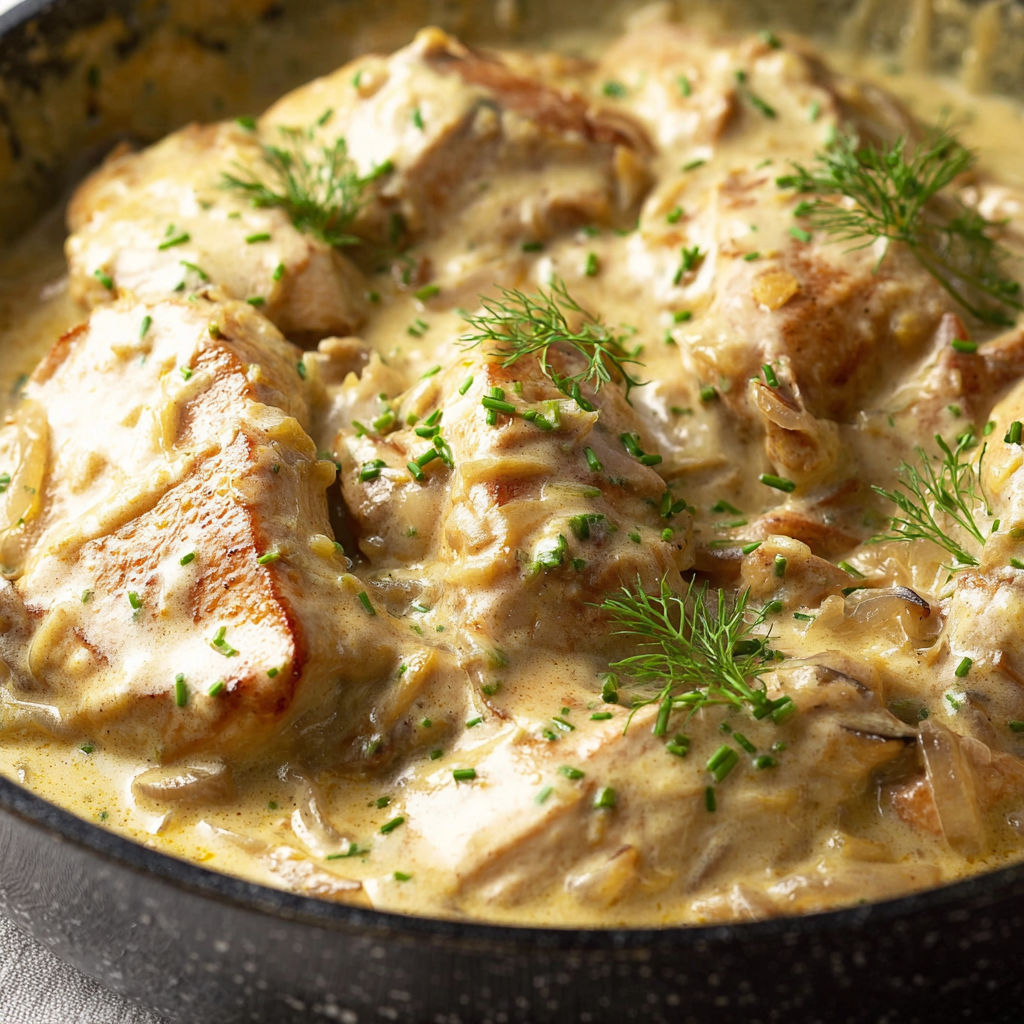 Poulet en sauce crémeuse, herbes et champignons dans un bol.