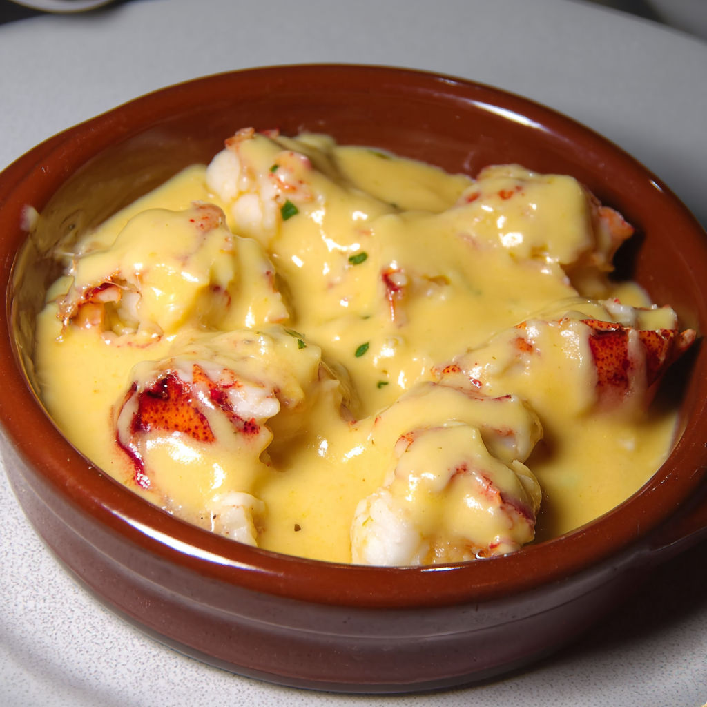 Saint-Jacques et homard servis dans un bol en terre cuite.