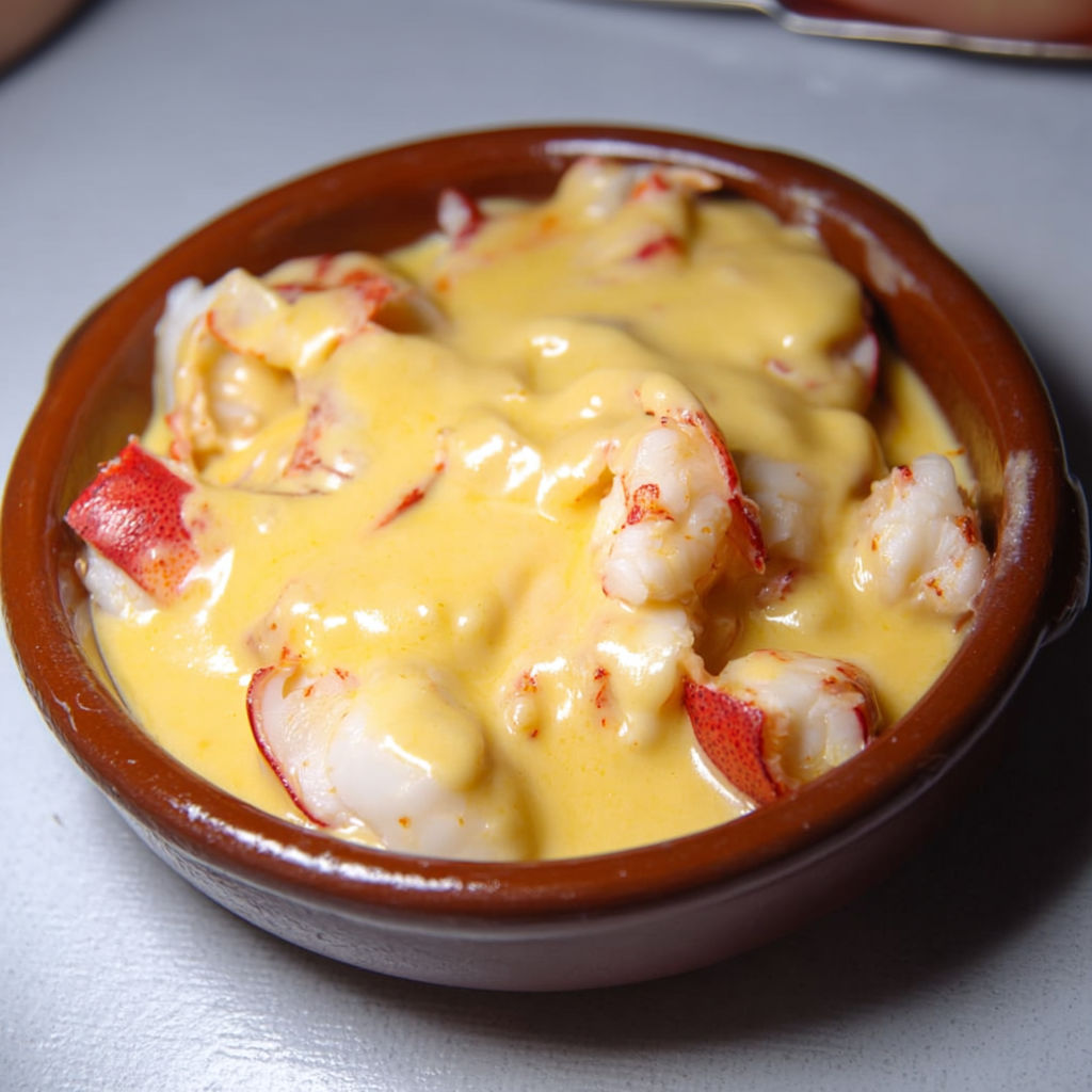 Saint-Jacques et homard servis dans un bol en terre cuite.