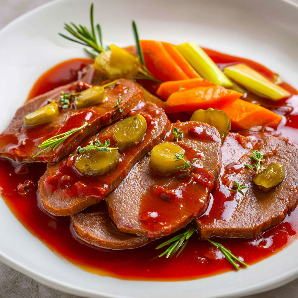 Un plat de steak grillé avec légumes et sauce rouge.