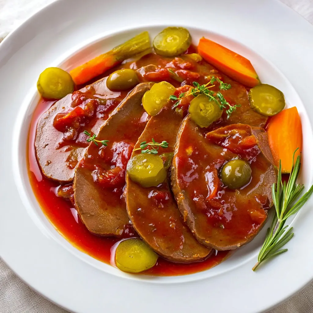 Une assiette de viande de bœuf mijotée avec oignons et olives.
