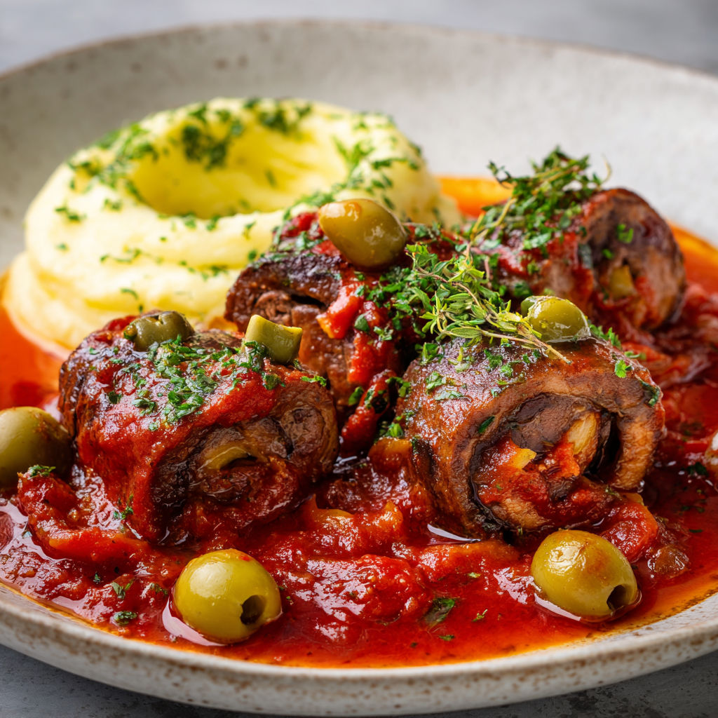 Plat savoyard au four avec ail des ours, sauce tomate et olives.