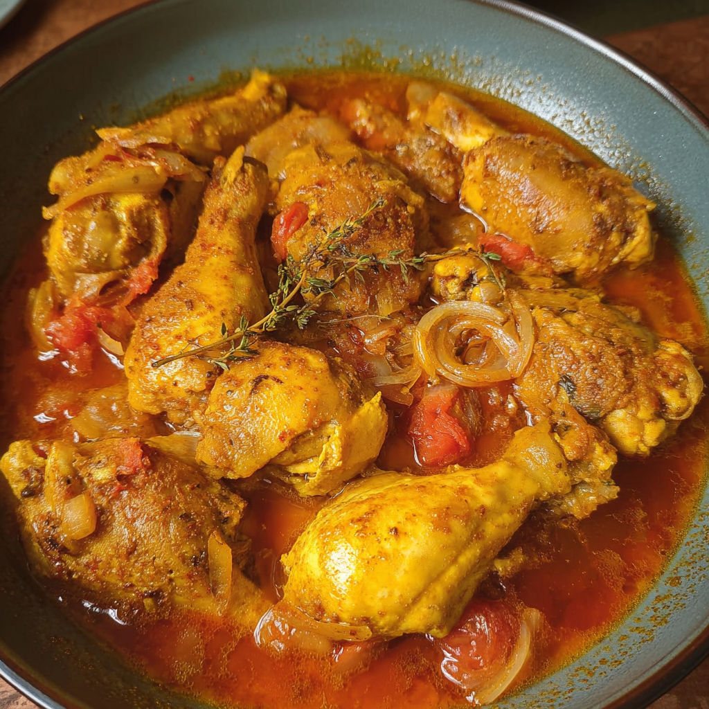Un délicieux bol bleu rempli de cari poulet de la Réunion.