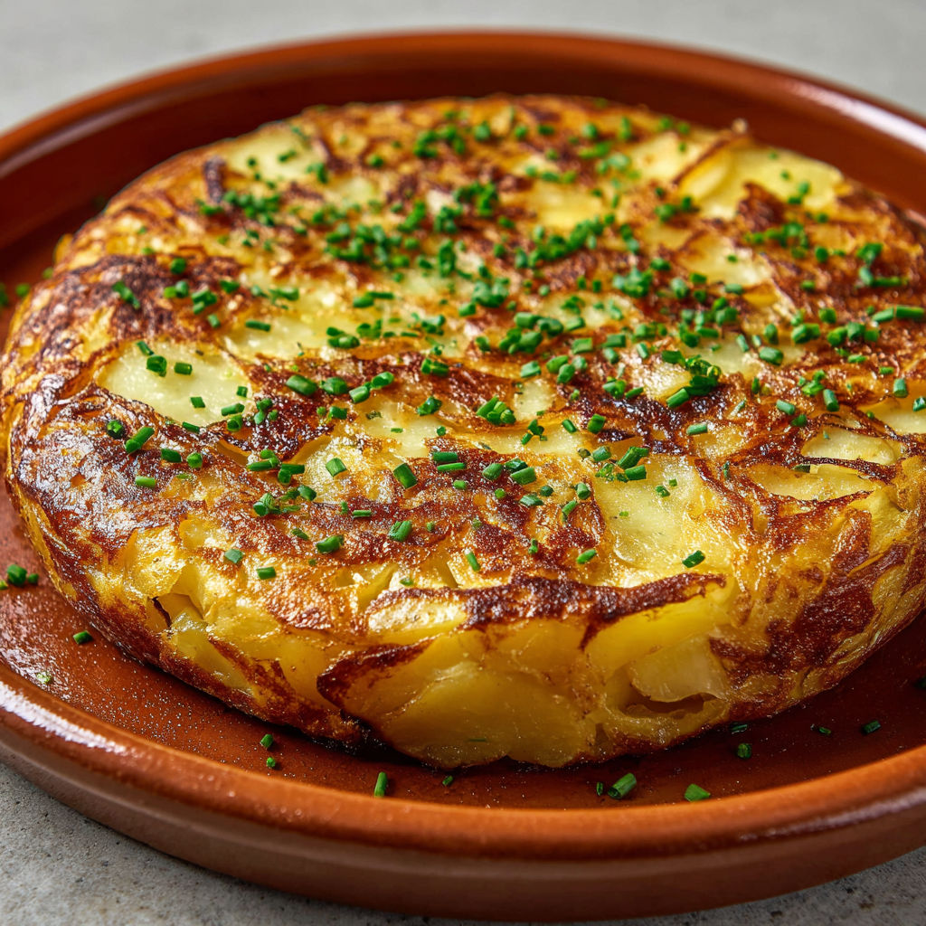 Un plat de tortilla espagnole aux pommes de terre et oignons, appétissant et doré, sur une assiette.