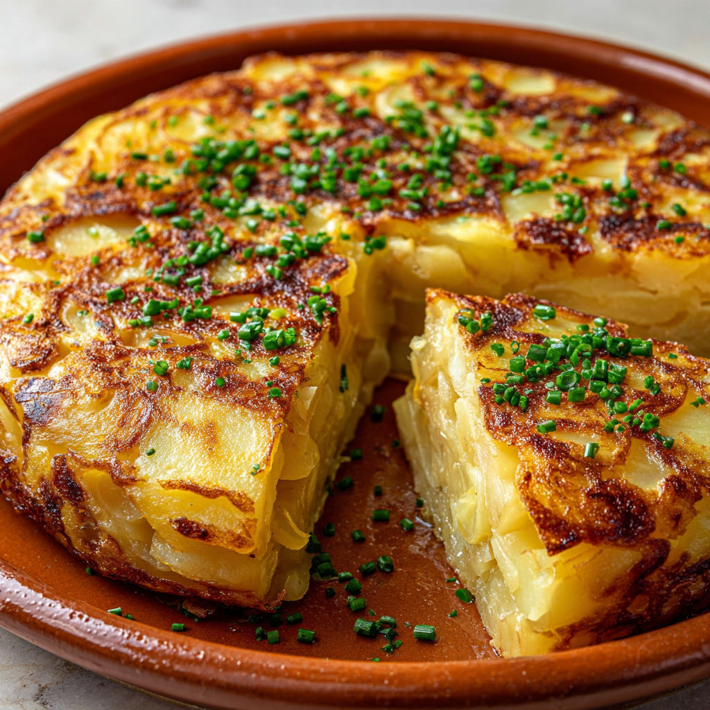 Une tarte à base de pommes de terre servie sur un plat en terre cuite.