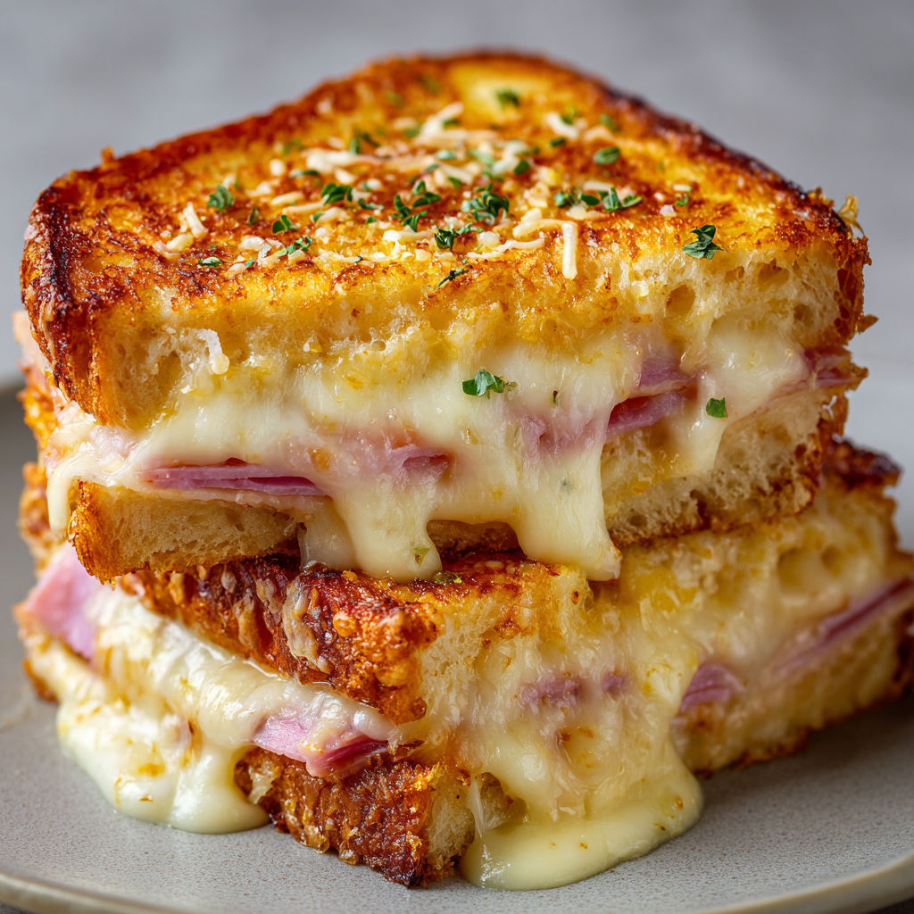 Sandwichs croque-monsieur avec plein de fromage et du jambon.
