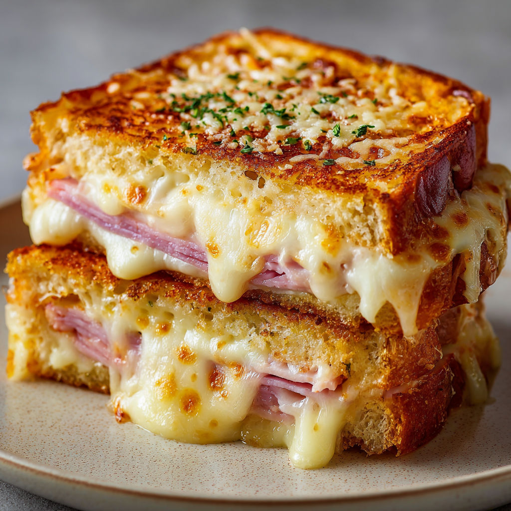 Un croque-monsieur fromage jambon avec quelques herbes fraîches dessus.