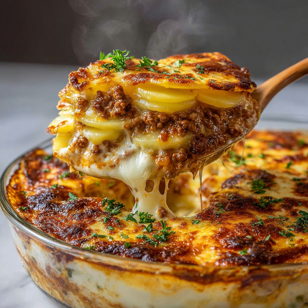 Un gratin avec bœuf, pommes de terre et fromage prêt à être dégusté.