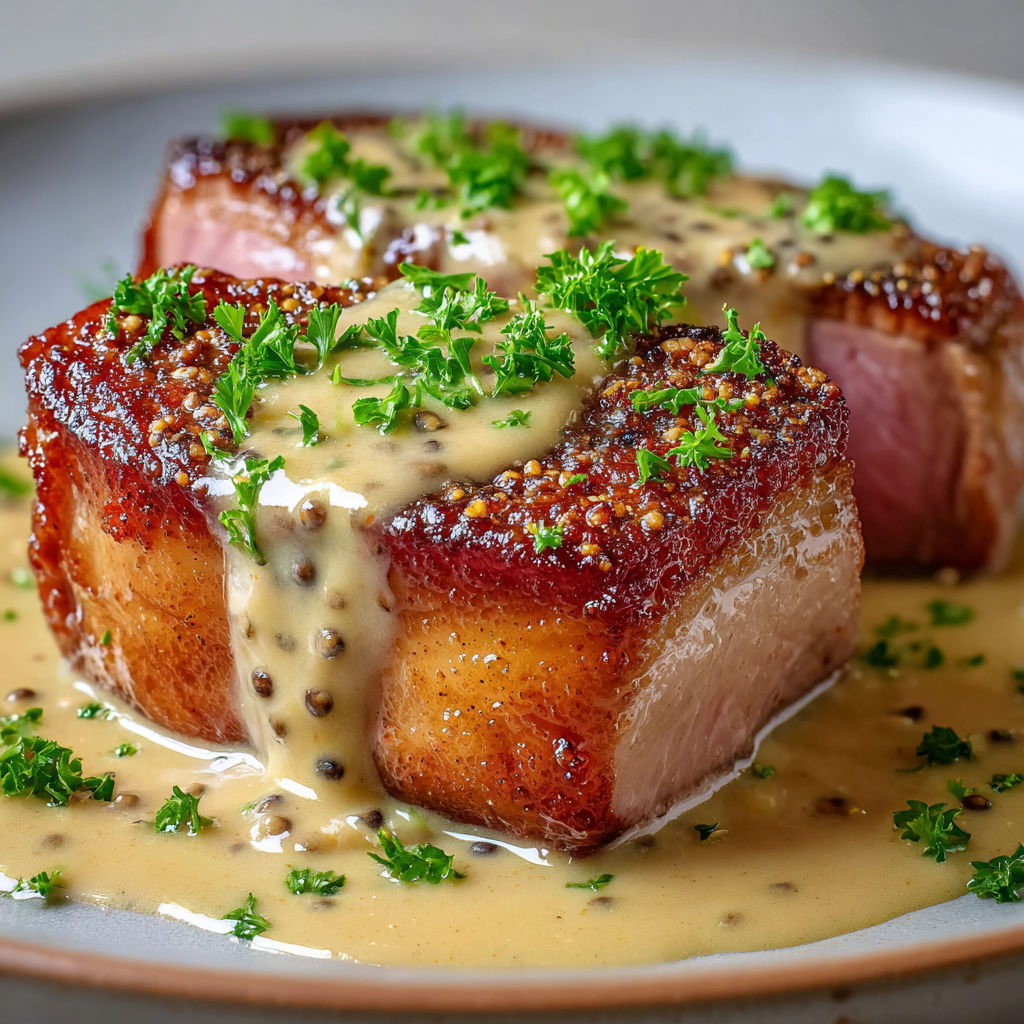 Un magret grillé nappé de sauce poivrée et de verdure, avec des légumes verts à côté.