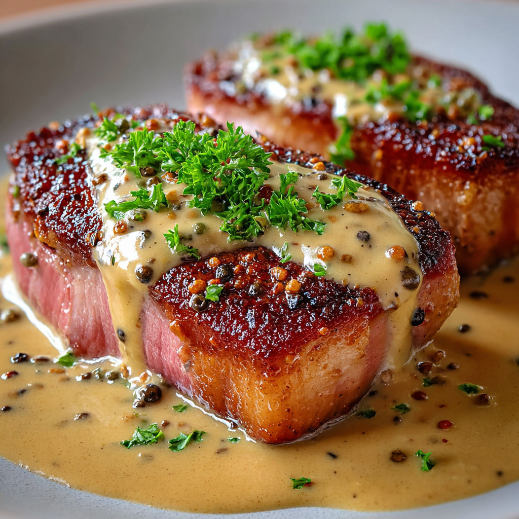 Magret grillé nappé de sauce poivrée, quelques herbes et une purée de céleri à côté.