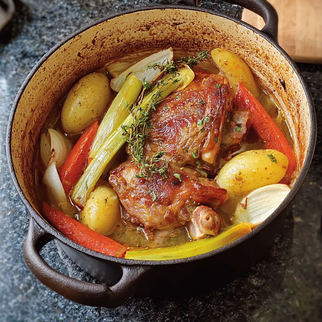 Un délicieux porc mijoté entouré de légumes savoureux dans une cocotte.