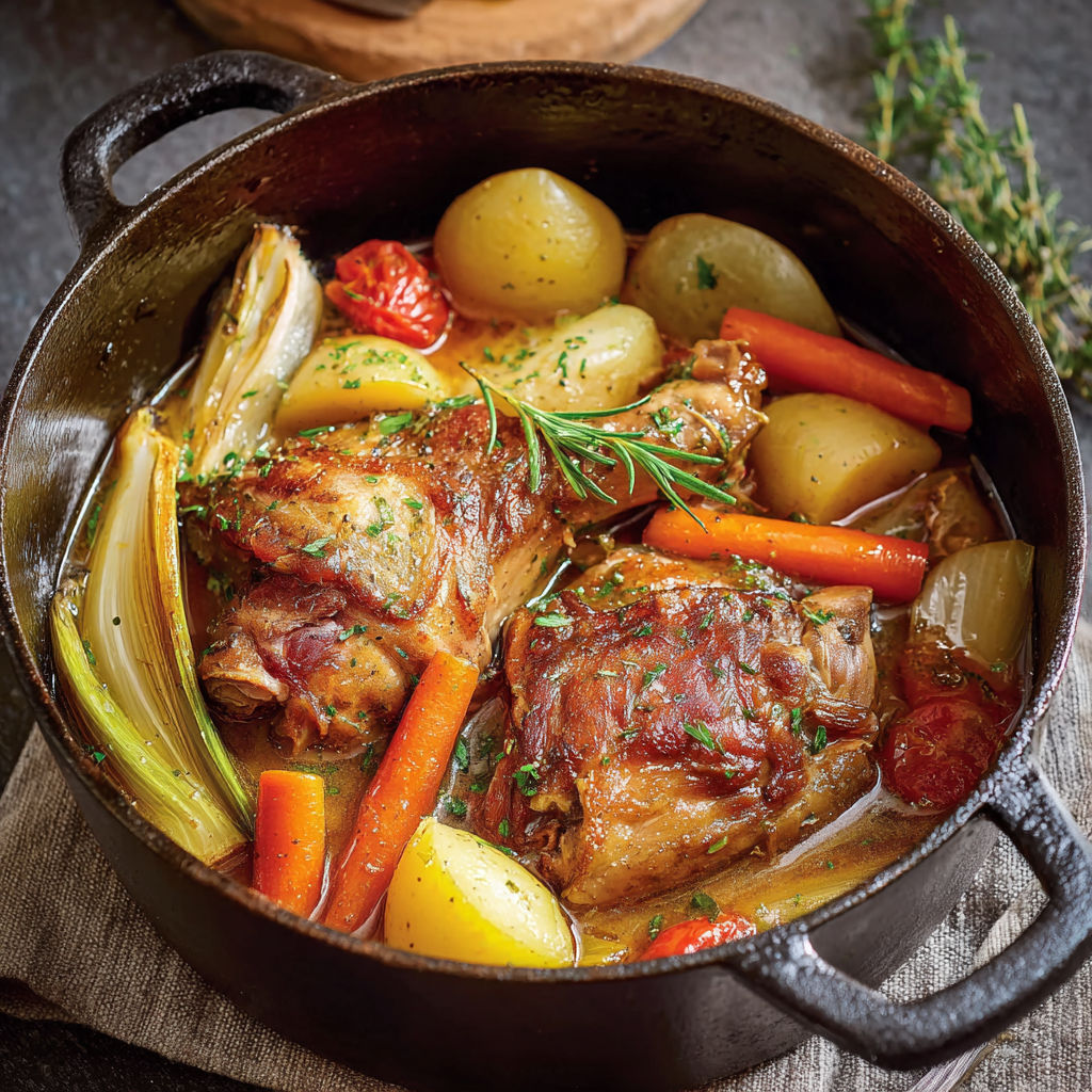 Un large faitout avec des légumes et du porc fondant braisé.