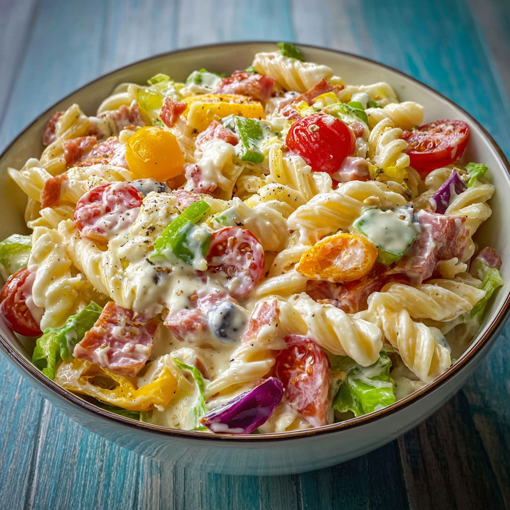 Une salade de pâtes, de tomates et de légumes verts toute colorée.