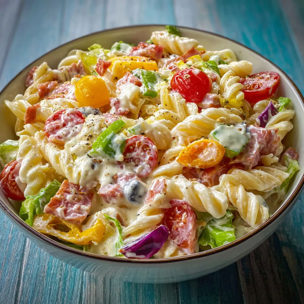 Une salade de pâtes, de tomates et de légumes verts toute colorée.