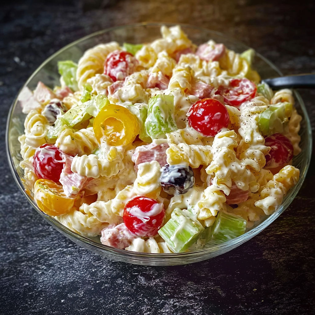 Une salade de macaroni aux fruits rouges et tomates, très colorée.