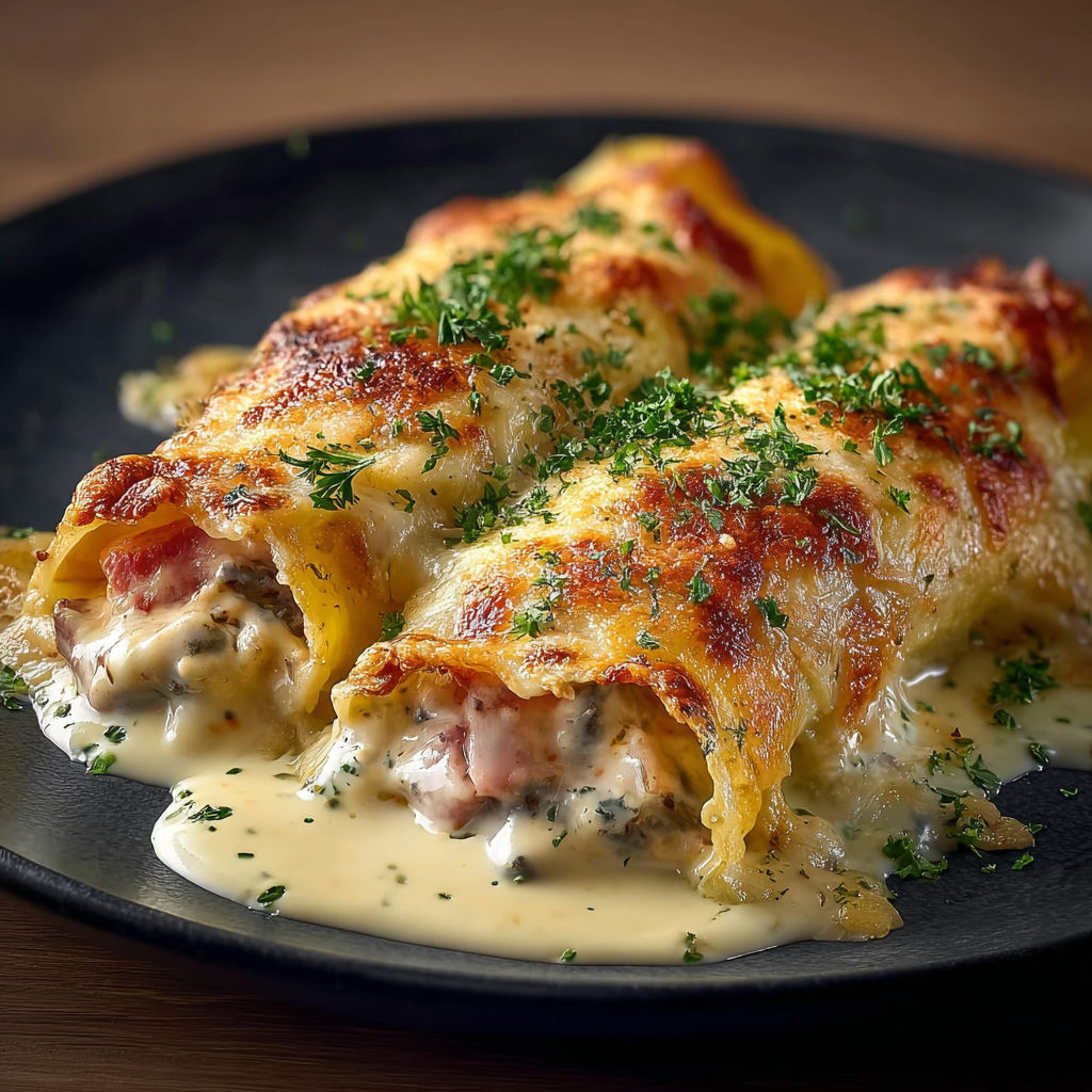 Un plat garni de cannellonis aux saveurs gourmandes jambon et champignons.