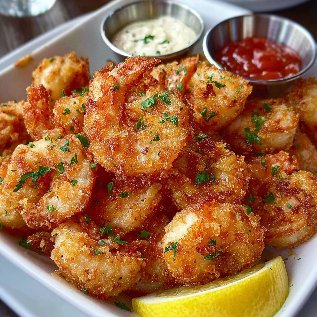 Une belle assiette de crevettes dorées avec une petite sauce et une cuillère.