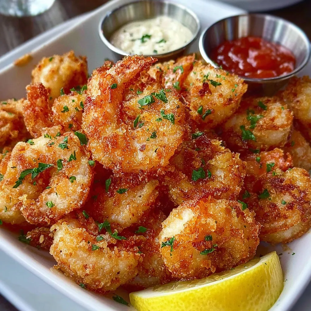 Une belle assiette de crevettes dorées avec une petite sauce et une cuillère.