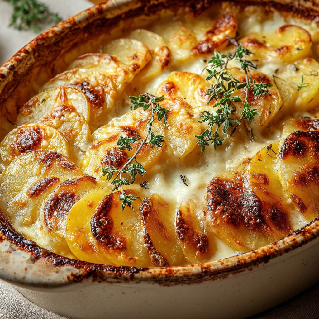 Un plat gratiné de pommes de terre fines et fromage doré, cuit dans une céramique.