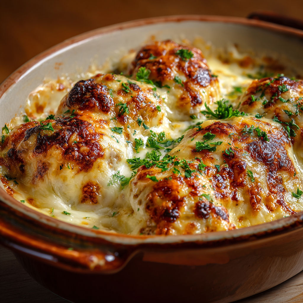 Plat de quenelles de volaille gratinées au comté présenté dans un bol rustique.