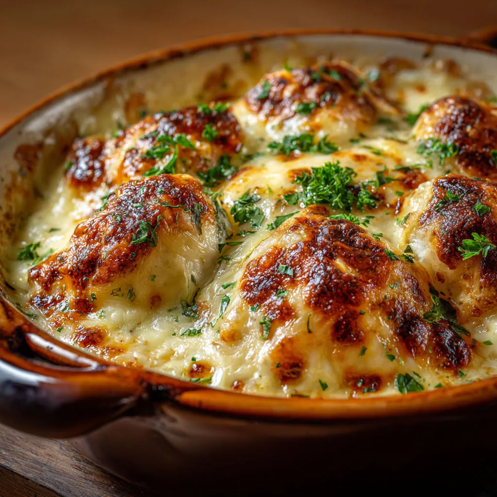 Plat de quenelles de volaille gratinées au comté présenté dans un bol rustique.