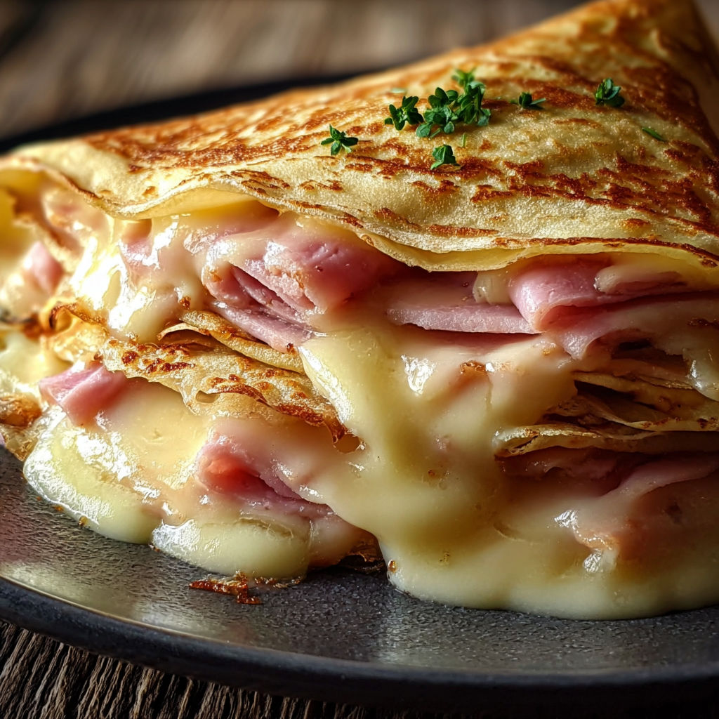 Crêpe généreusement garnie de jambon et fromage fondu servie sur une assiette.