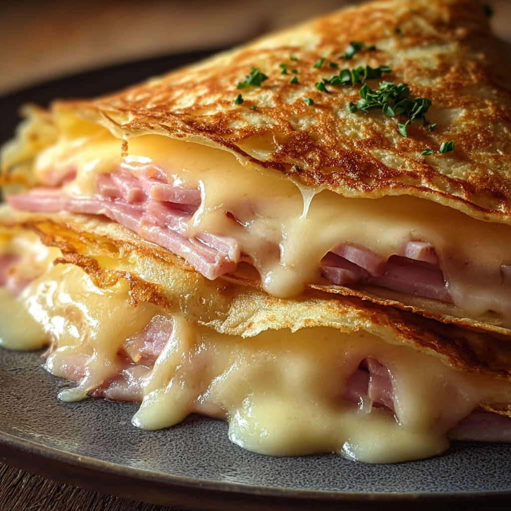 Un croissant fourré au fromage et aux herbes, nappé de sauce au beurre.
