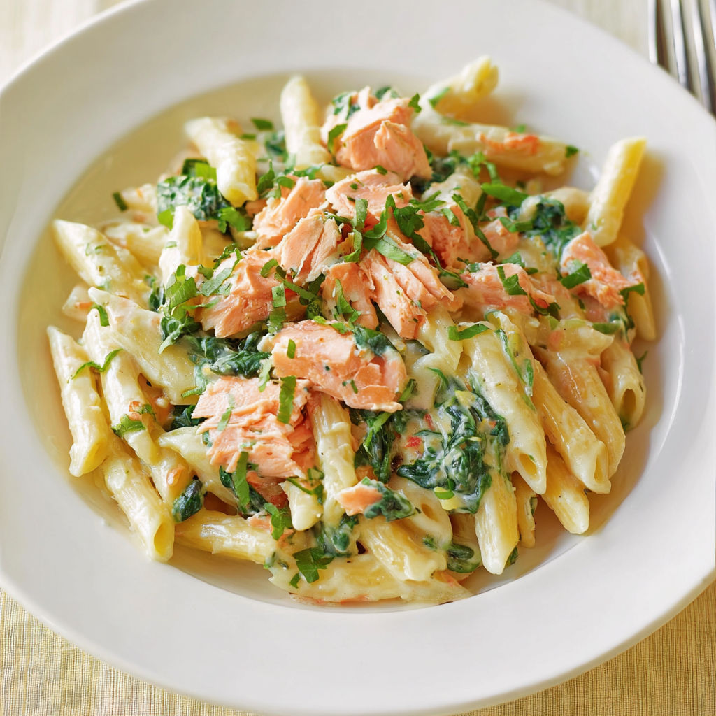 Assiette de pâtes avec saumon et crème, accompagnée de légumes verts et d'une touche de frais.