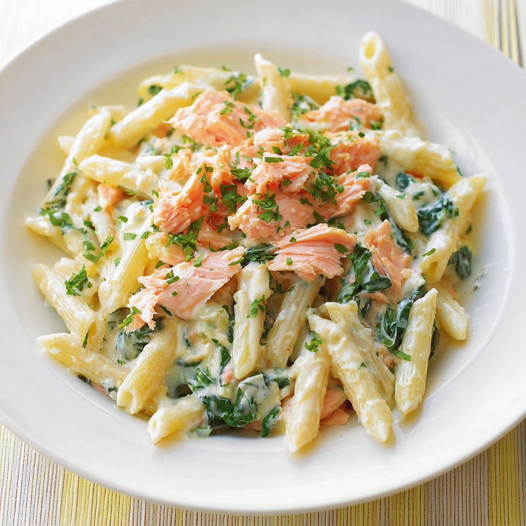 Une assiette de penne avec légumes verts et morceaux de saumon.