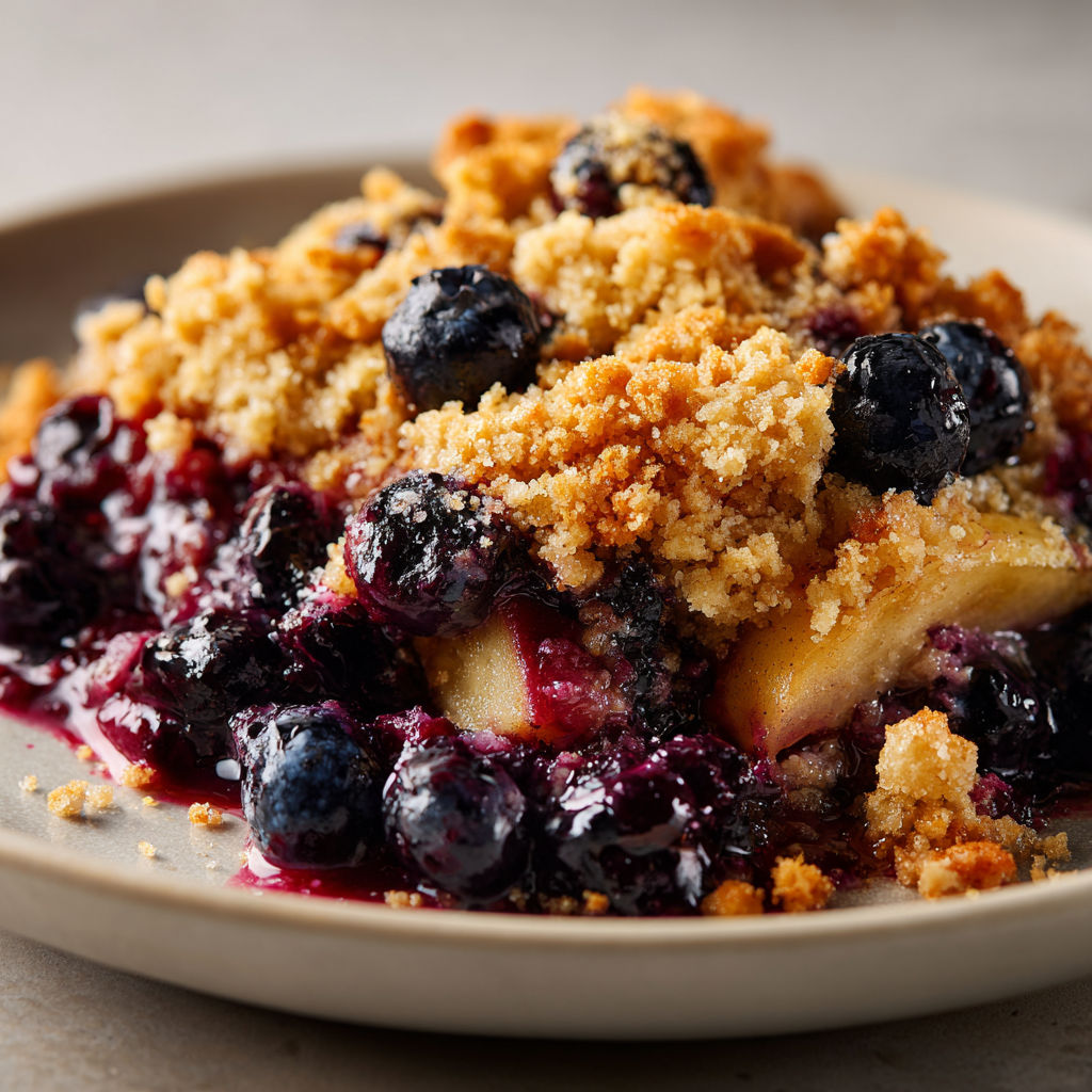 Un dessert croquant et sain aux bleuets et pommes, soigneusement préparé et présenté dans un plat céramique.