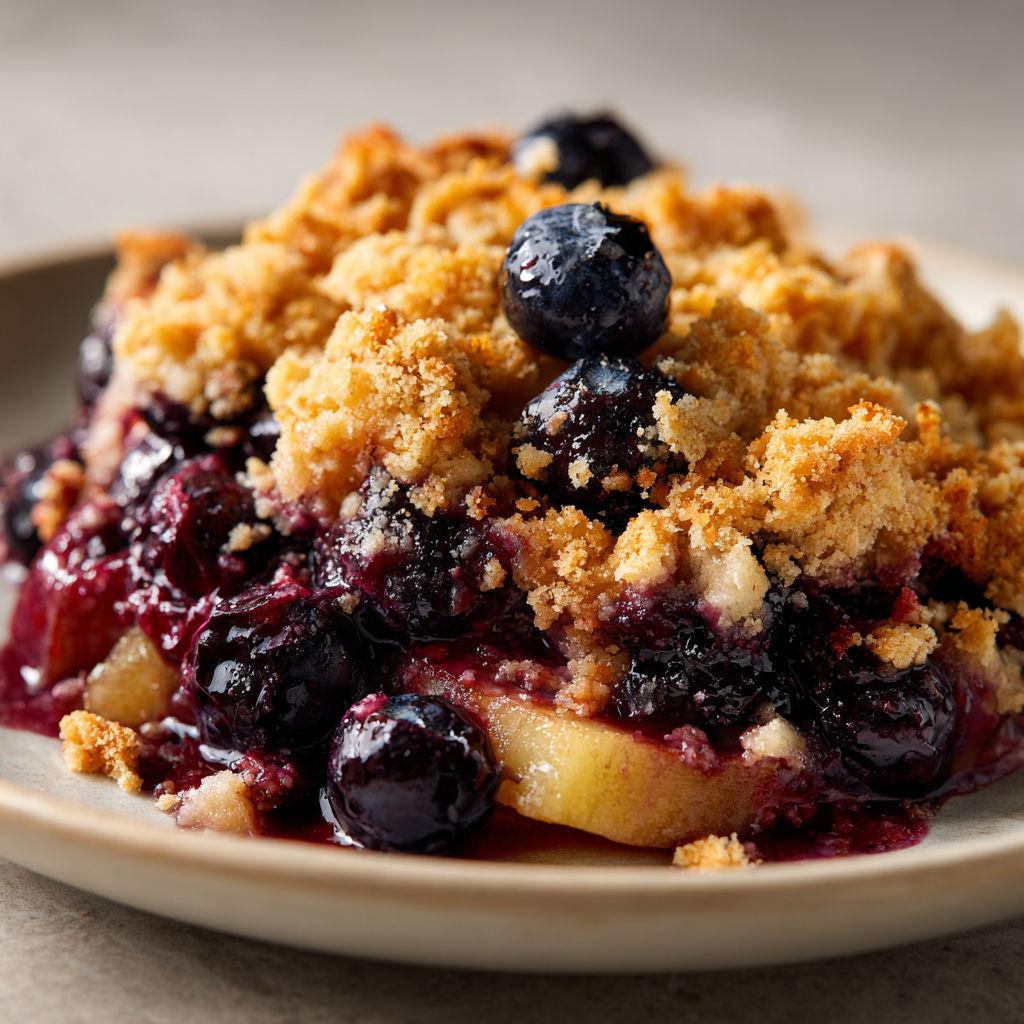 Une tarte gourmande aux fruits rouges, décorée de morceaux de pommes et d’un crumble doré, présentée sur un plateau.