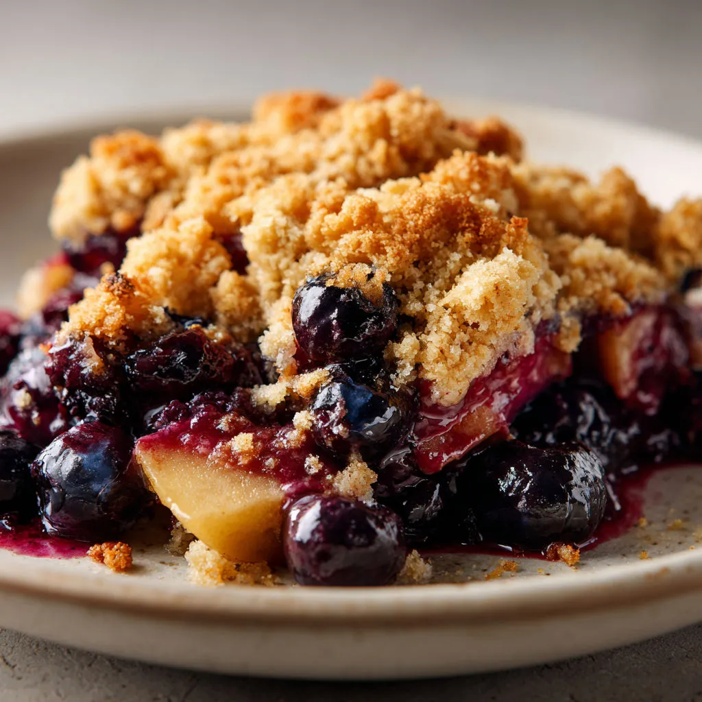 Un dessert rustique aux baies et pommes, recouvert d’un crumble doré, servi sur un joli plat en céramique.