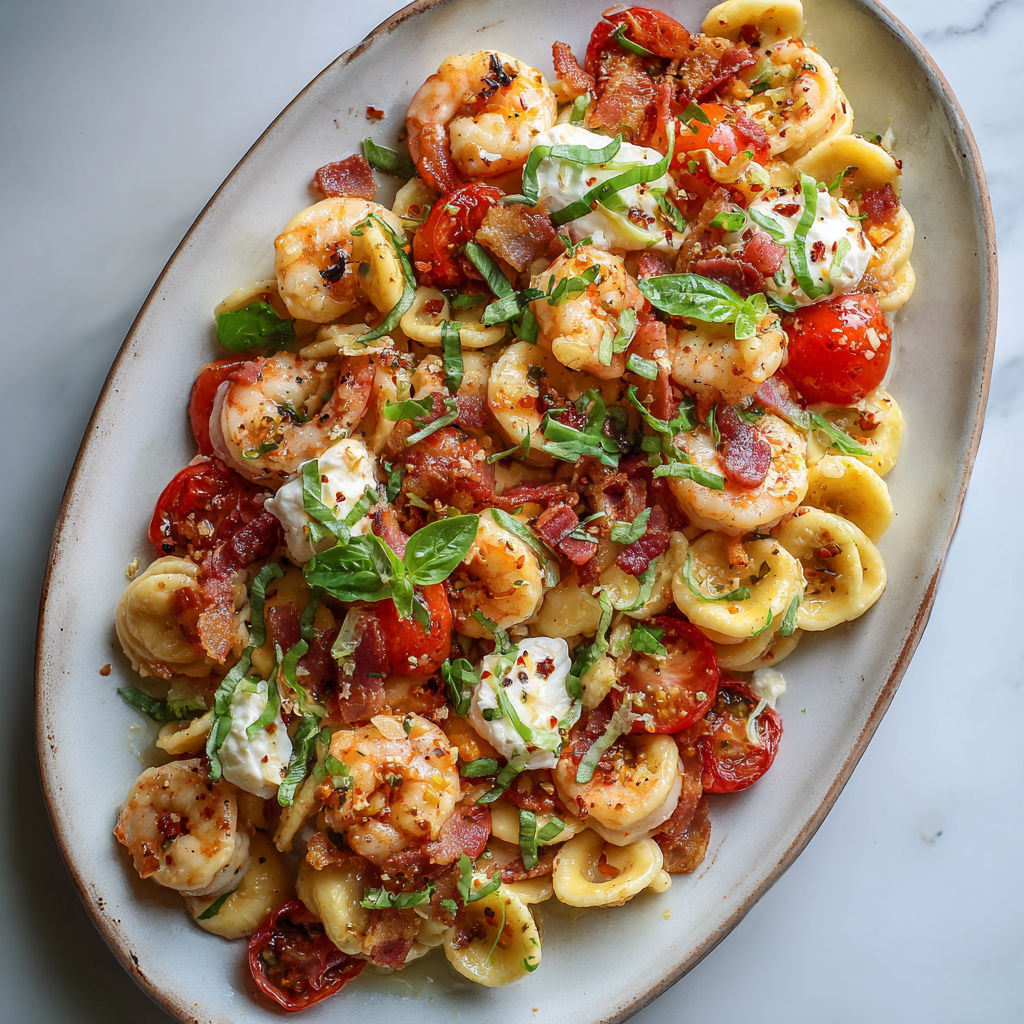 Un plat de salade crevettes tomates avec pâtes, dans un bol posé sur la table.