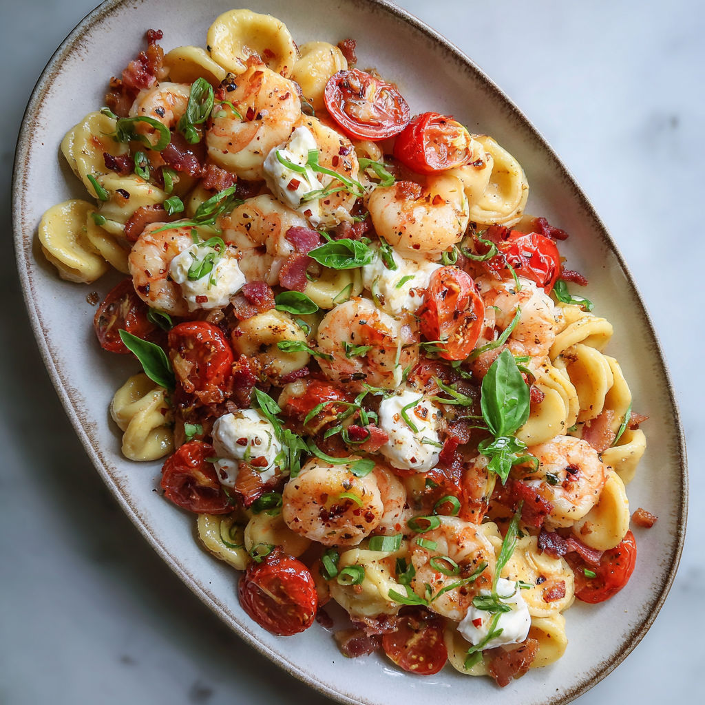 Une assiette de pâtes aux crevettes, tomates, herbes, posée sur la table.