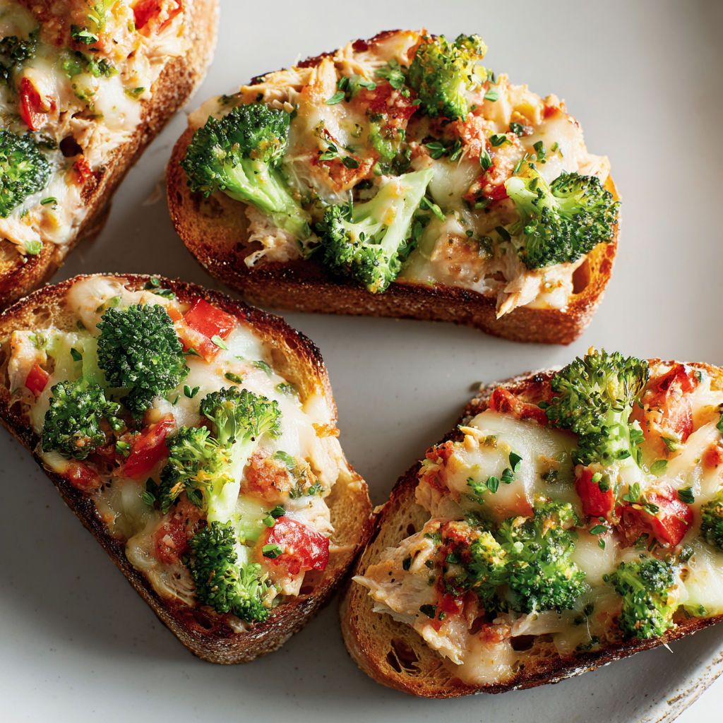 Tartines thon brocoli toutes colorées prêtes à croquer.