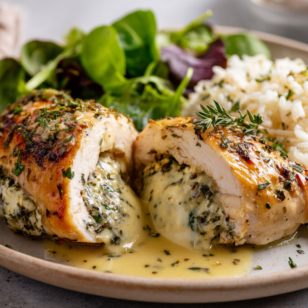 Une délicieuse assiette de poulet fourré au brie et herbes fraîches.