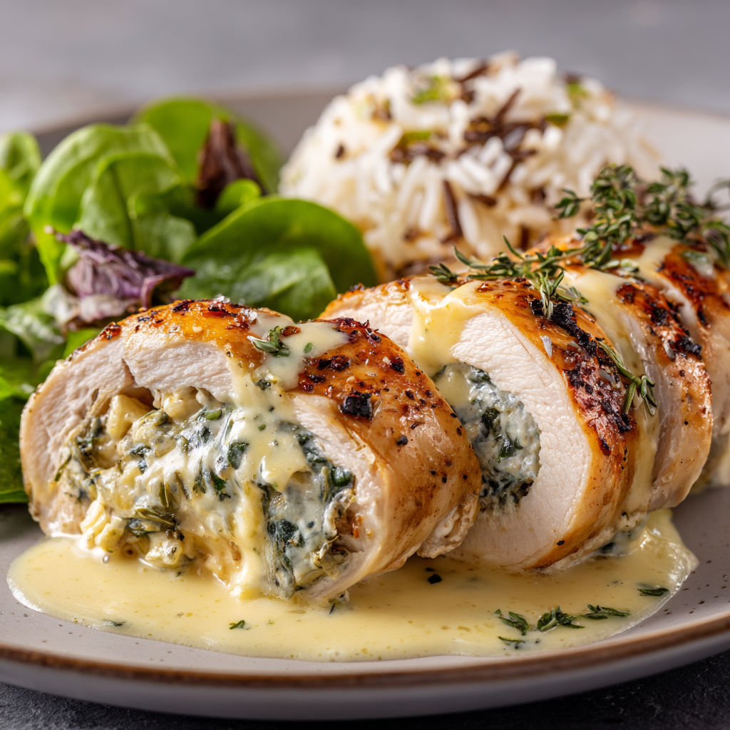 Des morceaux de poulet grillé servis avec une salade verte et une sauce crémeuse aux herbes.