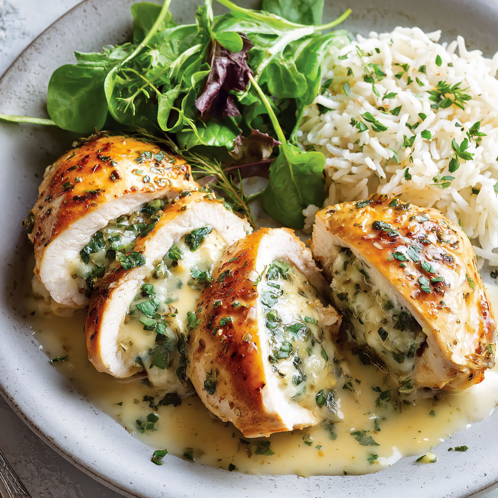 Poulet aux herbes servi avec du riz et une salade dans l’assiette.