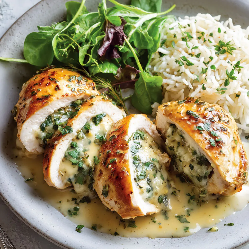 Poulet aux herbes servi avec du riz et une salade dans l’assiette.