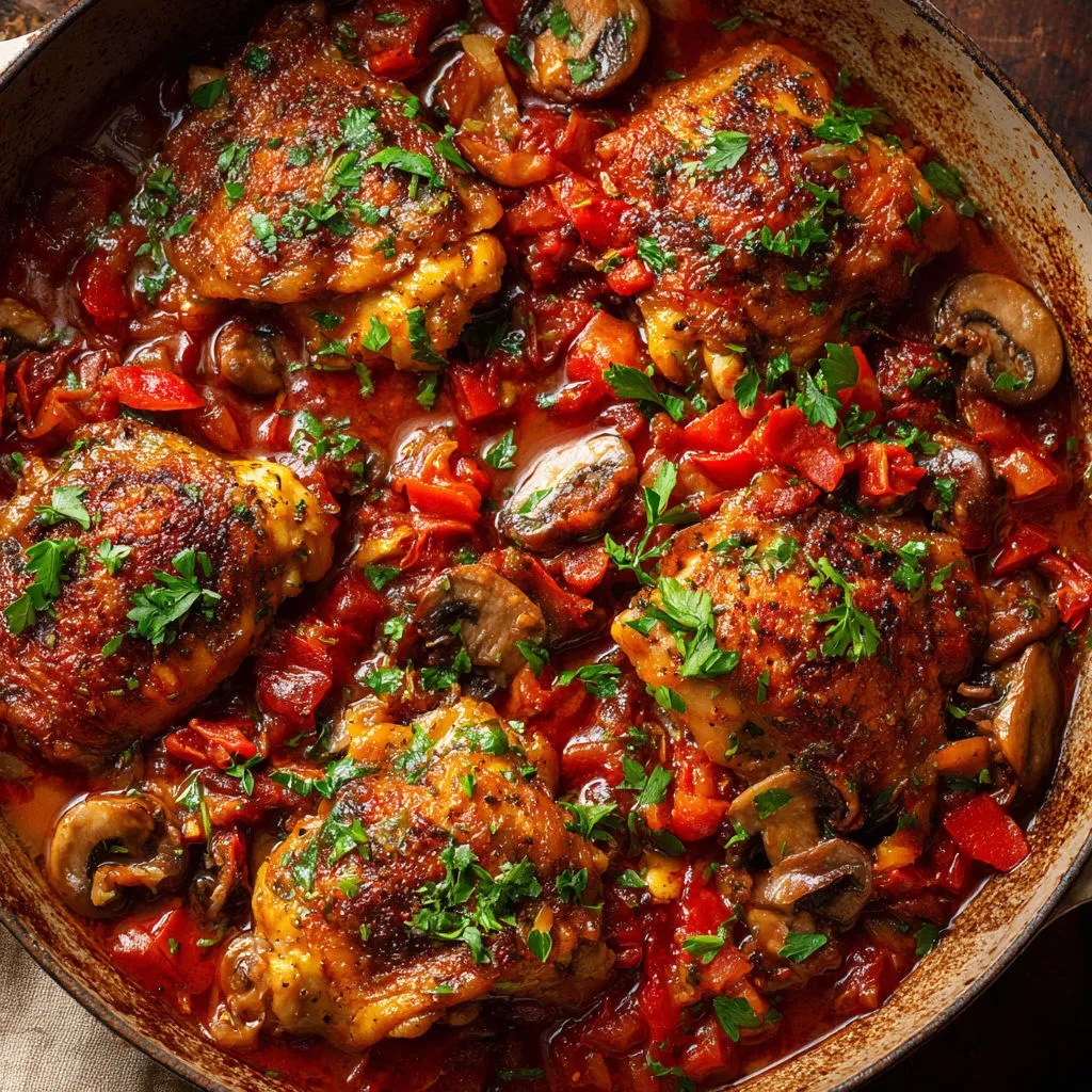 Plat mijoté au poulet, sauce tomate et champignons présenté dans un bol en métal.
