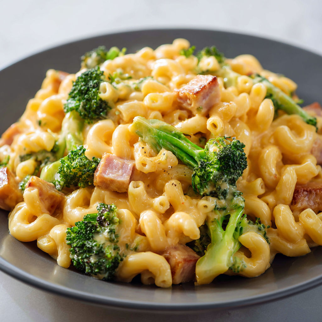 Pâtes moelleuses au fromage avec du brocoli présentées sur une assiette noire.