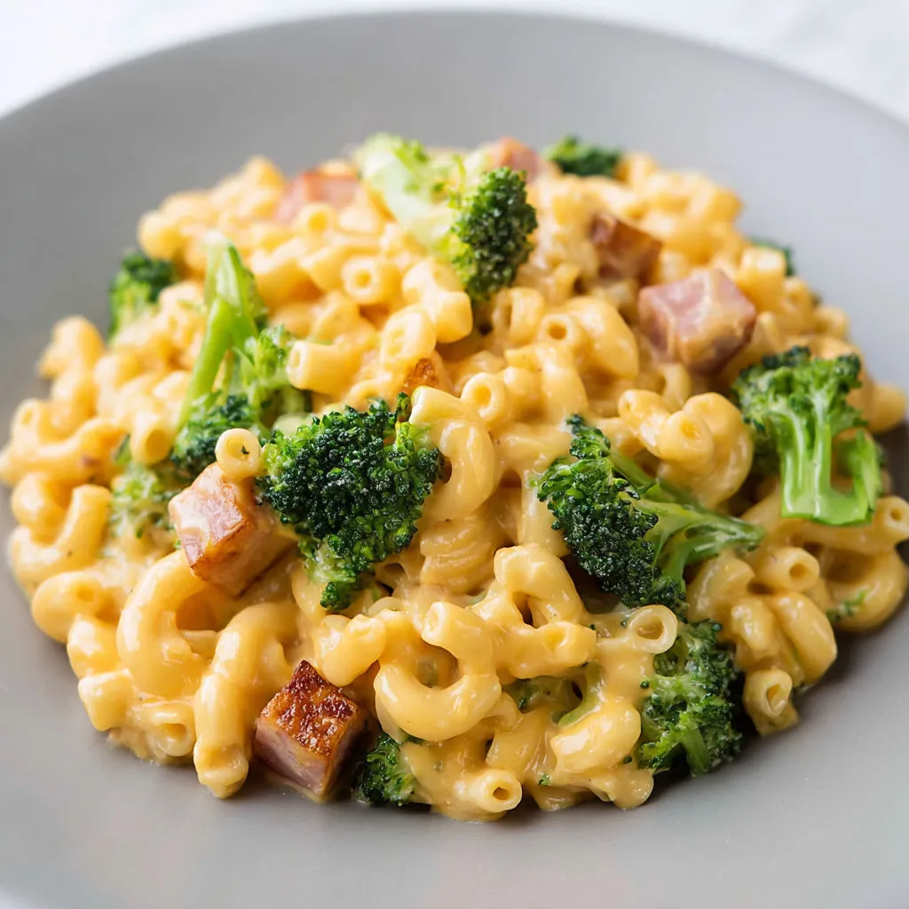 Macaroni au fromage et brocoli avec quelques dés de jambon.